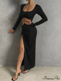Long-sleeved Square Neck Long High Split Nightclub Wear Hollow Out Cut Out Dress image 6