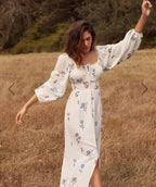 Long-sleeved Stretch Waist Split White Boho Dress image 2