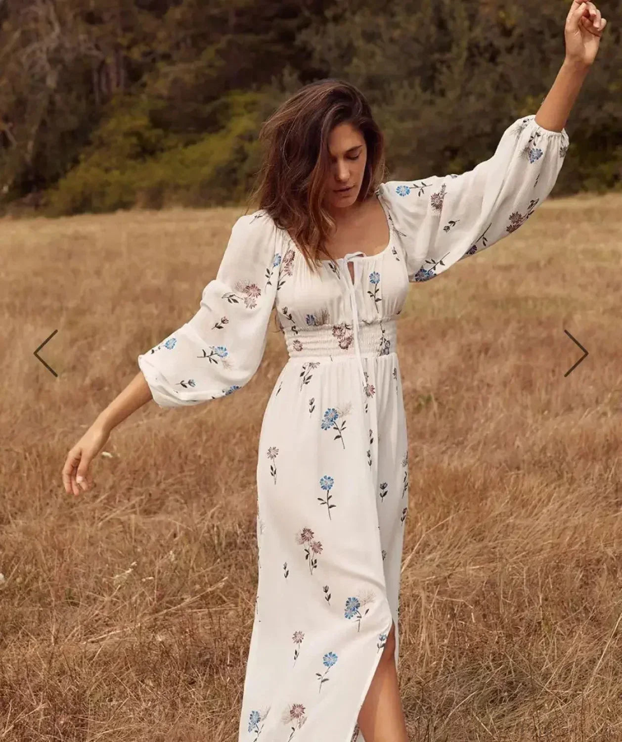 Long-sleeved Stretch Waist Split White Boho Dress image 2