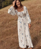 Long-sleeved Stretch Waist Split White Boho Dress image 1