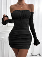 Long Trumpet Sleeve Bodycon Mini Off Shoulder Backless Pleated Night Club Lace Up Cut Out Dress image 2