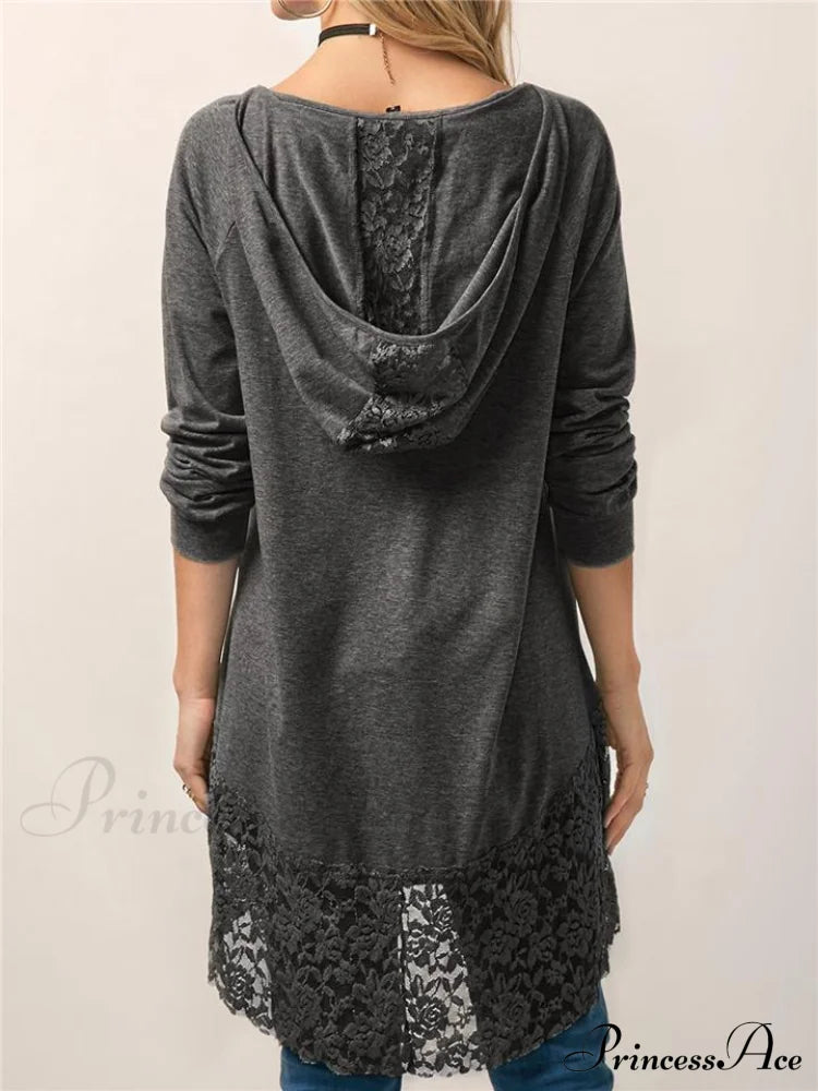 Long With Women Lace Patchwork Arm T-shirt Hood image 6