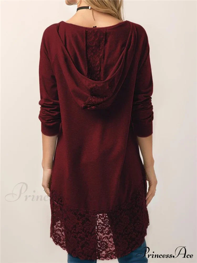 Long With Women Lace Patchwork Arm T-shirt Hood image 8