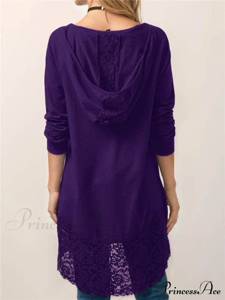 Long With Women Lace Patchwork Arm T-shirt Hood image 4