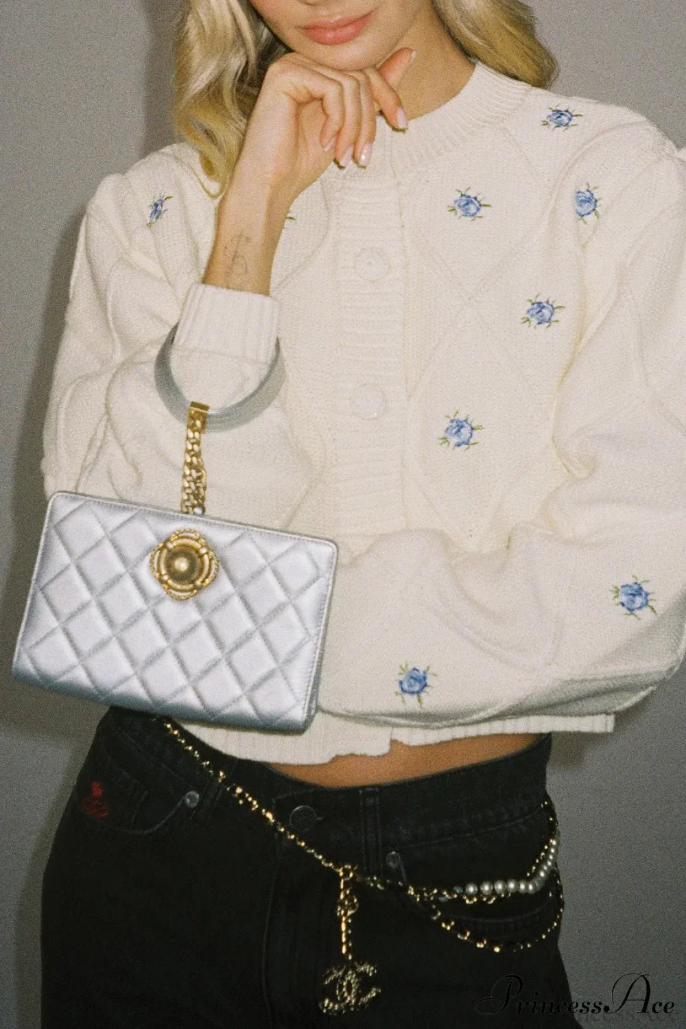 Loose Crew Neck Flower Embroidery Diamond Button Short Knit Cardigan image 2