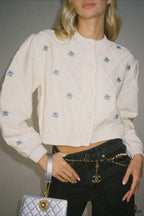 Loose Crew Neck Flower Embroidery Diamond Button Short Knit Cardigan image 1