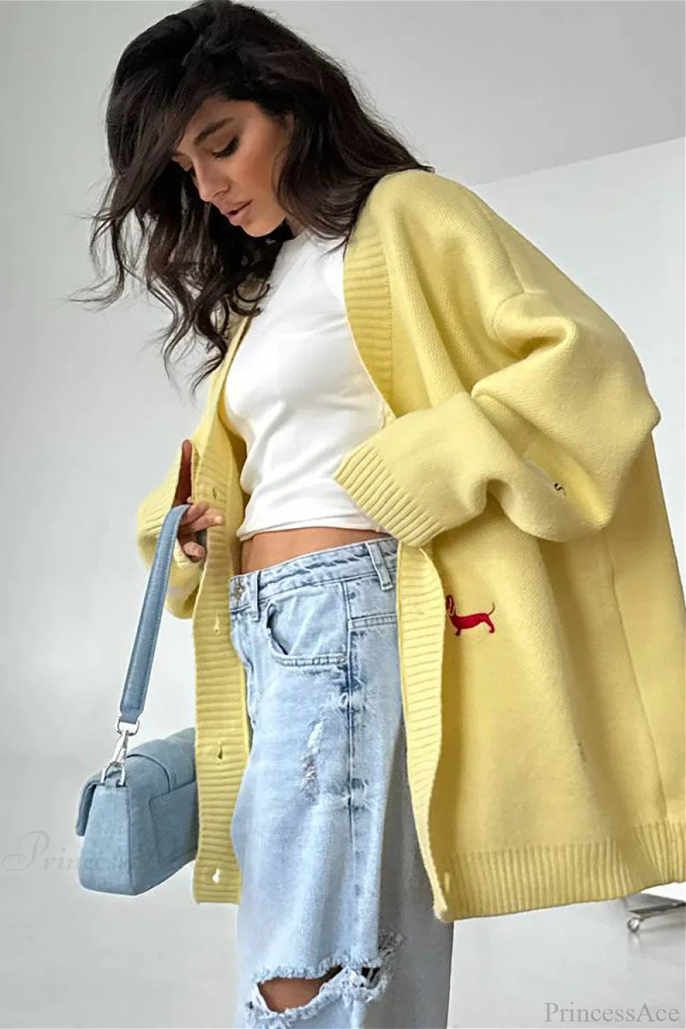 Loose Dachshund Embroidery Knit Button Cardigan image 2