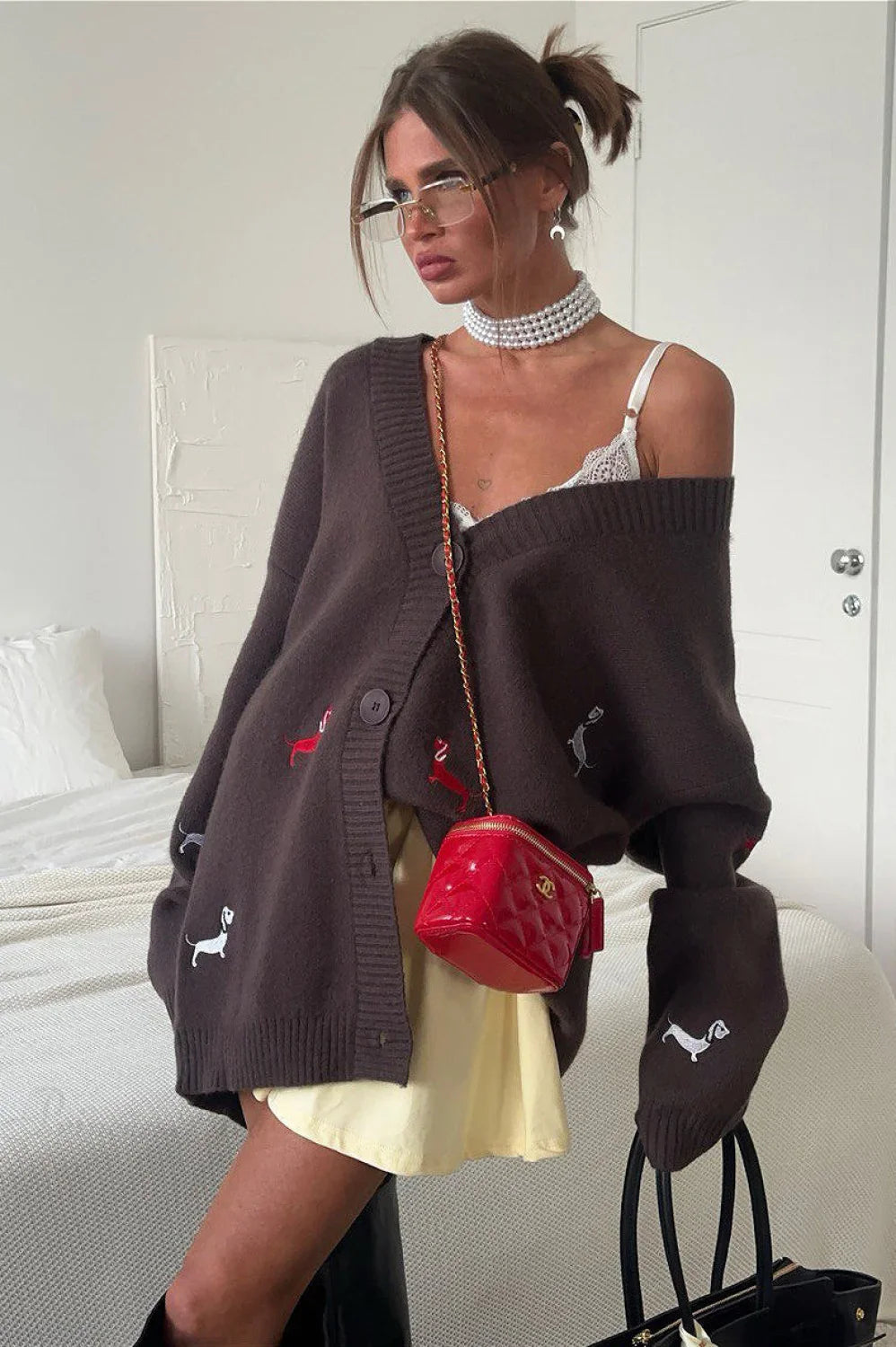 Loose Dachshund Embroidery Knit Button Cardigan image 7