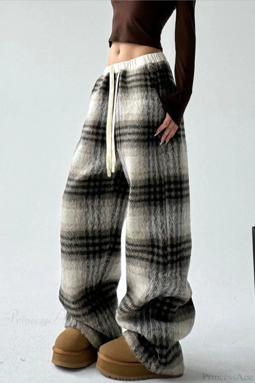 Loose Fit Woolen Plaid Wide Leg Pants image 3