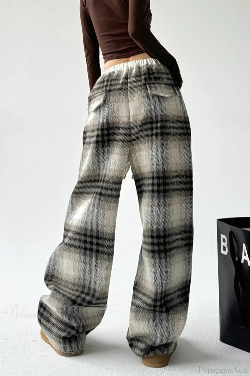 Loose Fit Woolen Plaid Wide Leg Pants image 2