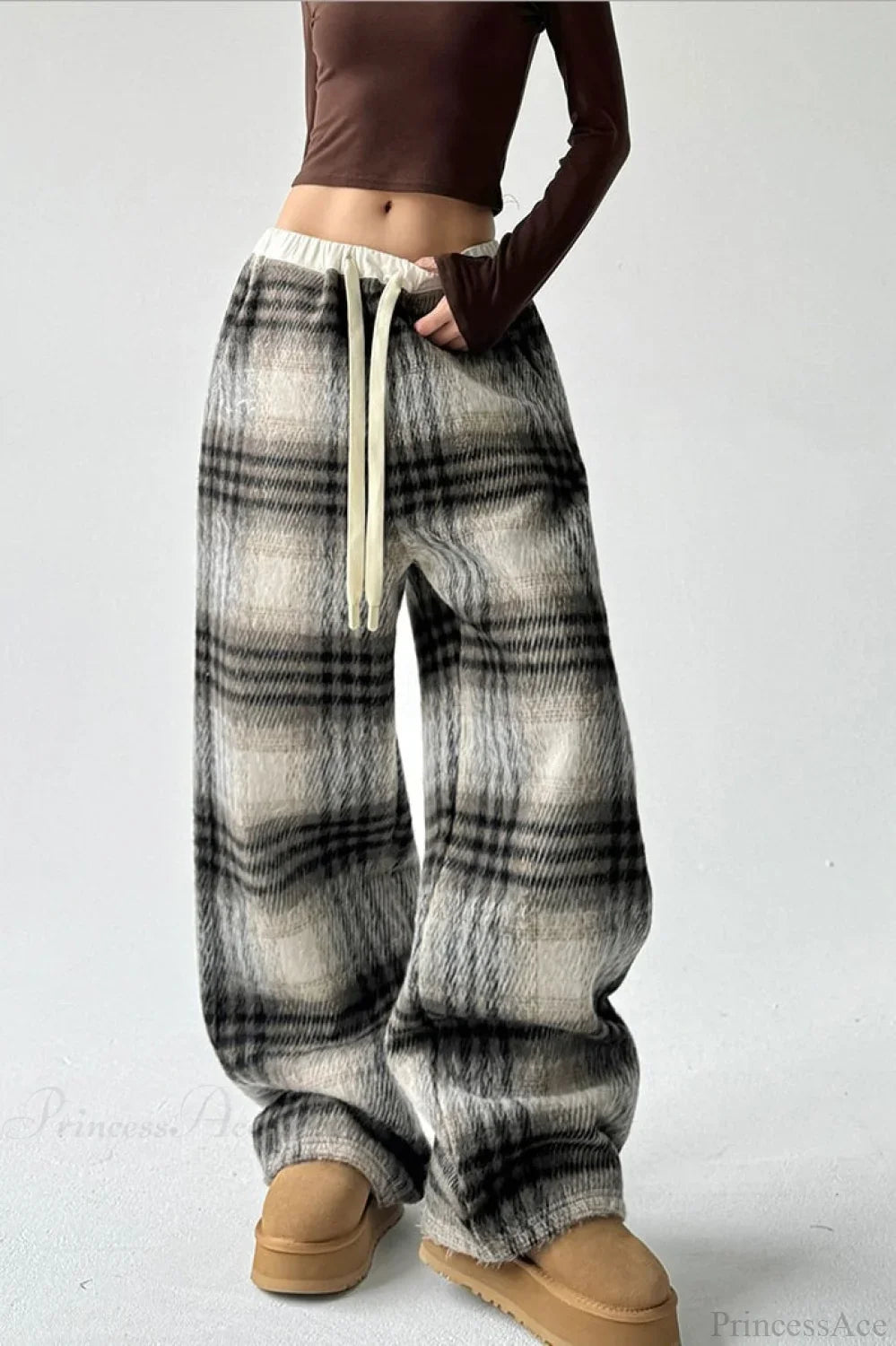 Loose Fit Woolen Plaid Wide Leg Pants image 1