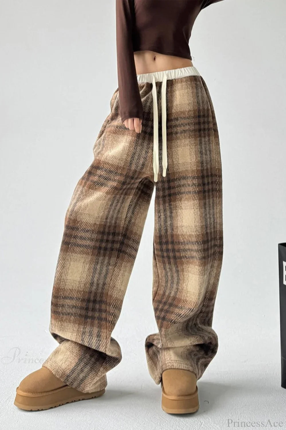 Loose Fit Woolen Plaid Wide Leg Pants image 4
