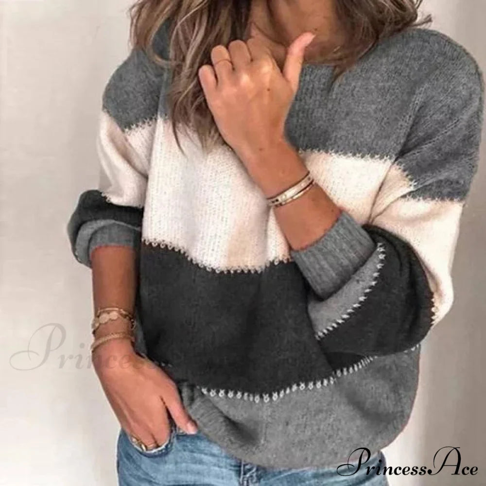Loose Knitted Patchwork Striped Tops for Pullovers Women image 4