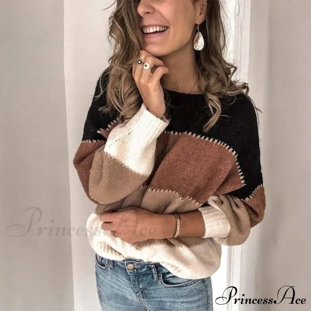 Loose Knitted Patchwork Striped Tops for Pullovers Women image 5