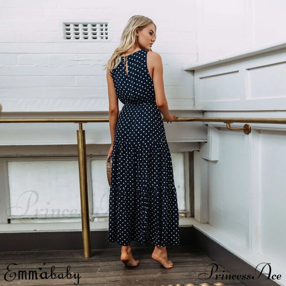 Loose Sleeveless Holiday Dot Print Long Maxi Dress image 3