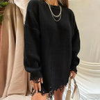 Loose Solid Ripped Round Neck Sweater image 4