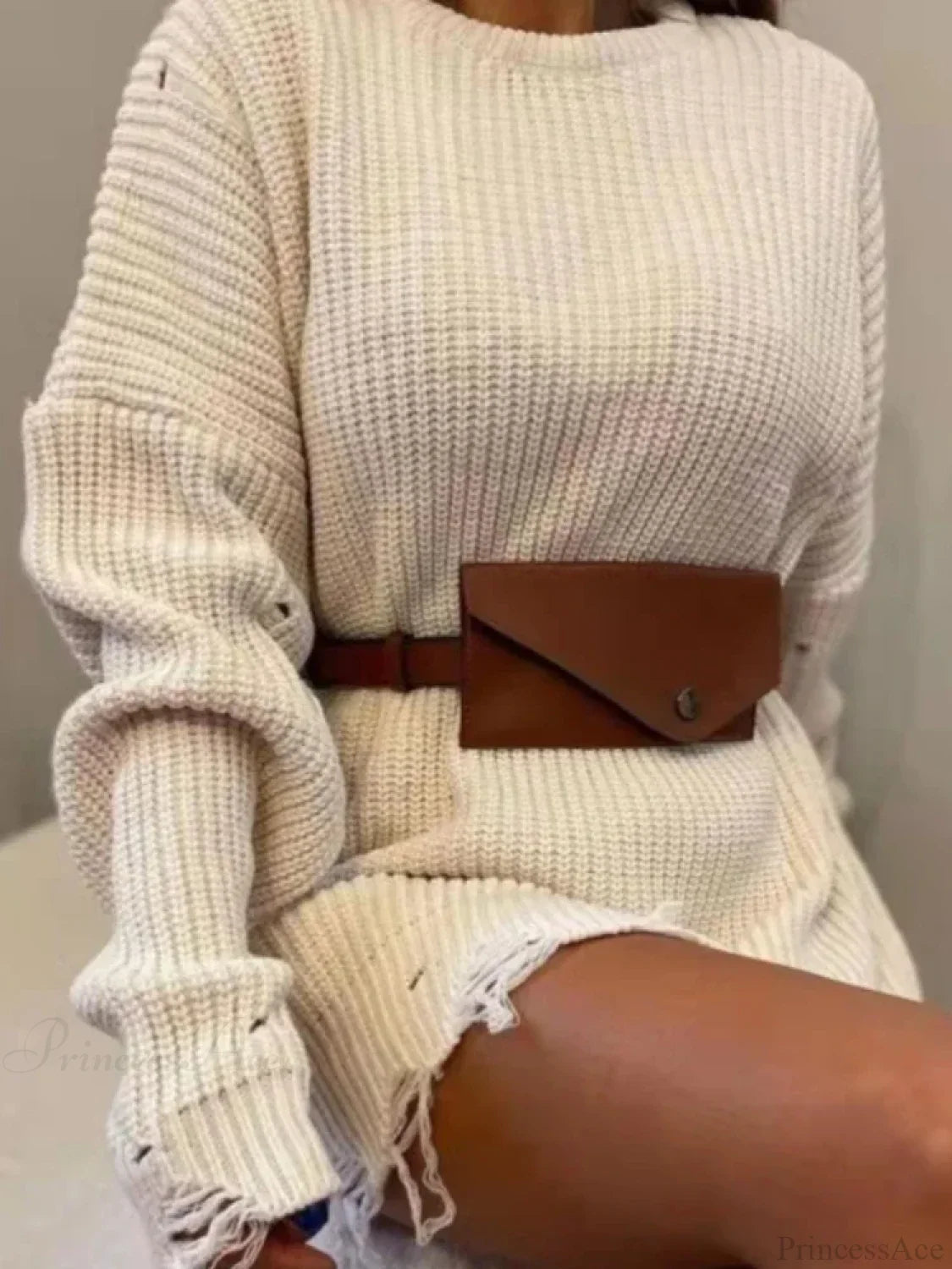 Loose Solid Ripped Round Neck Sweater image 9