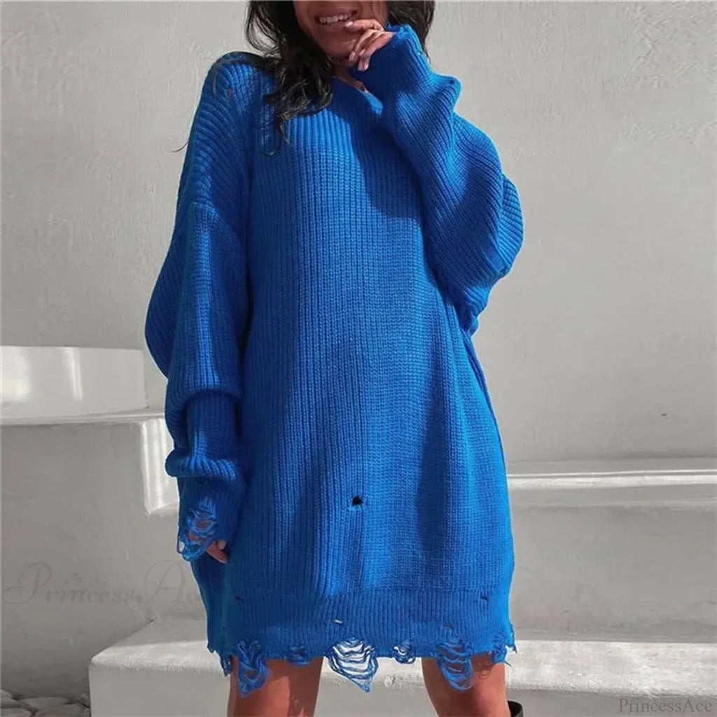 Loose Solid Ripped Round Neck Sweater image 10