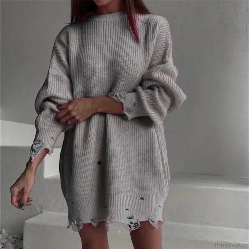Loose Solid Ripped Round Neck Sweater image 2