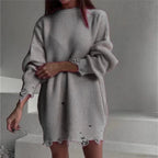 Loose Solid Ripped Round Neck Sweater image 2