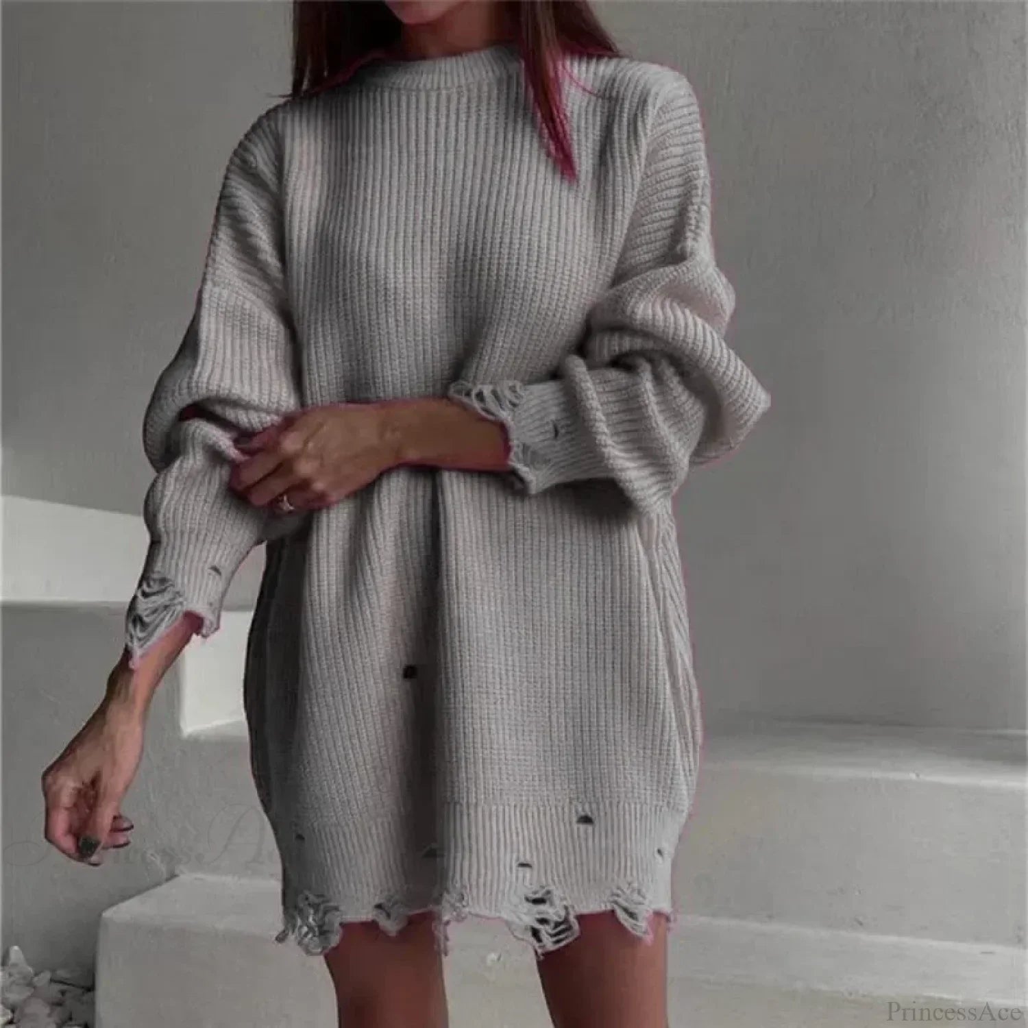 Loose Solid Ripped Round Neck Sweater image 2