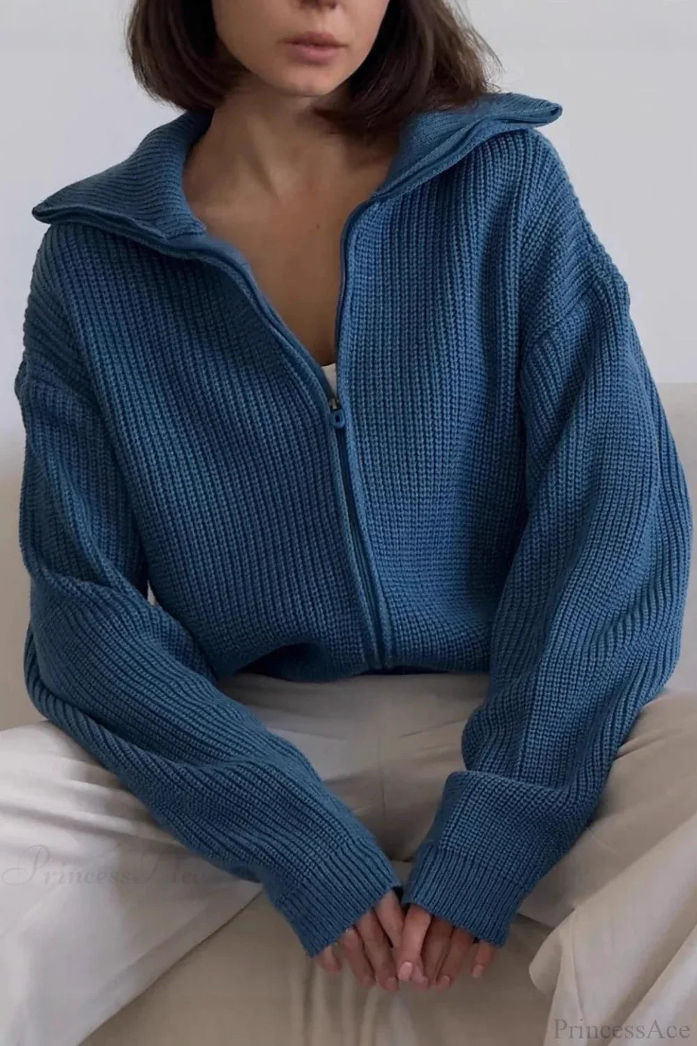 Loose Solid Zip Lapel Cardigan image 5