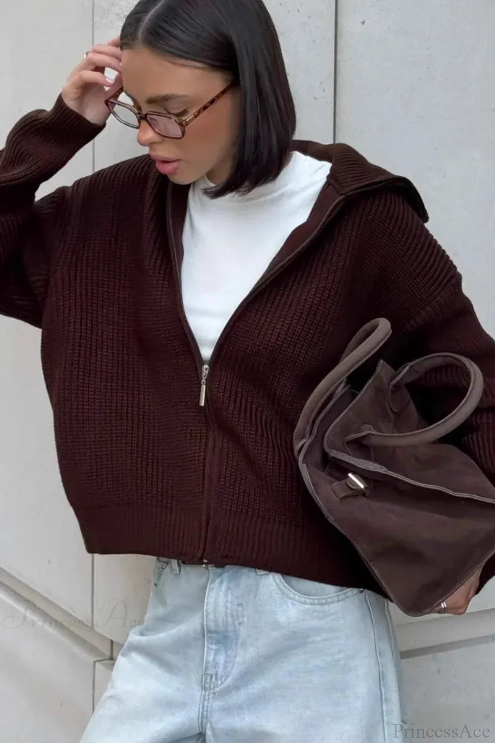 Loose Solid Zip Lapel Cardigan image 3