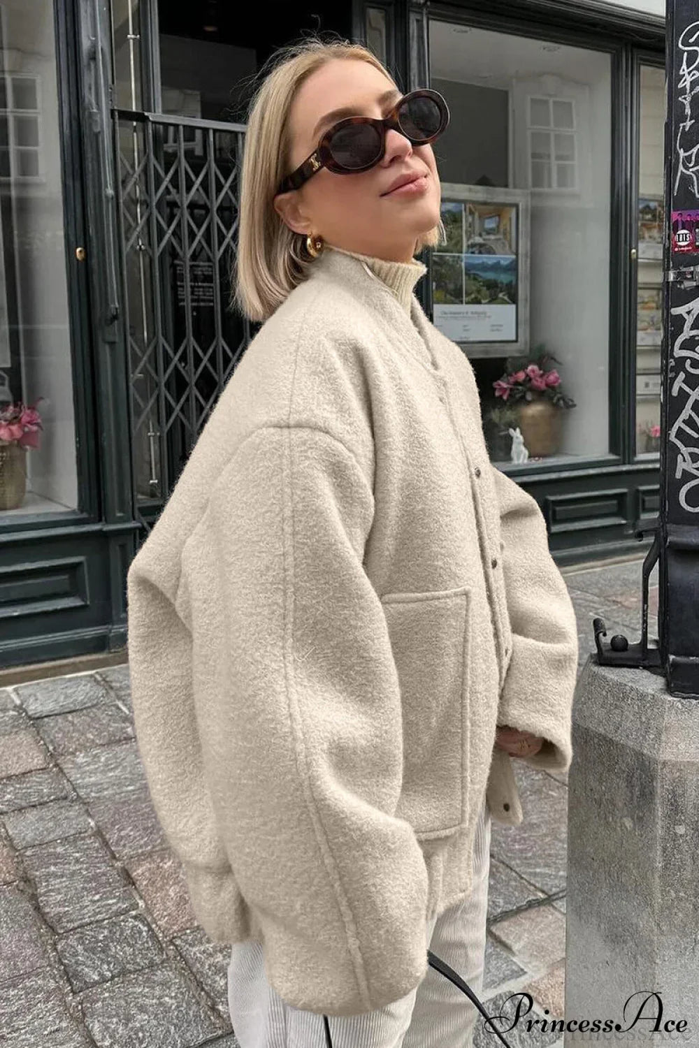 Loose Stand Collar Textured Wool Casual Coat image 5