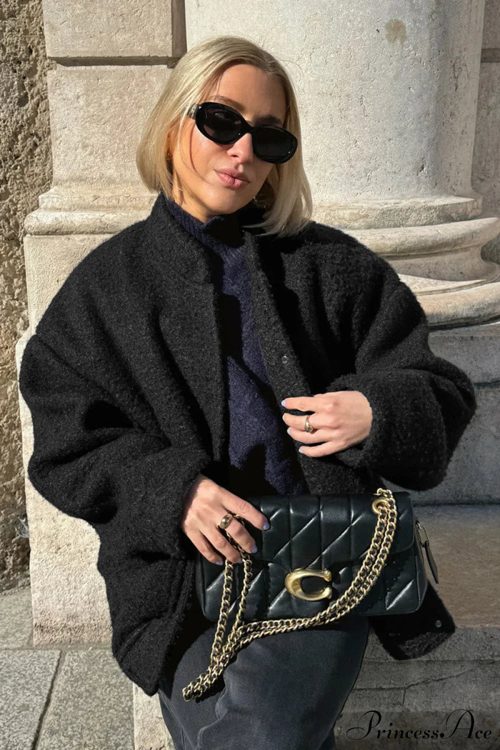 Loose Stand Collar Textured Wool Casual Coat image 3