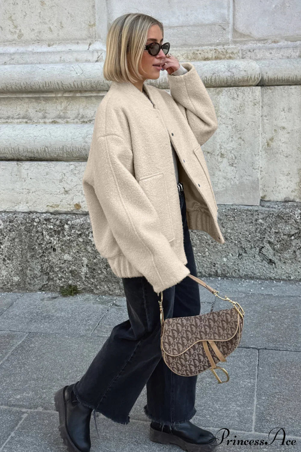 Loose Stand Collar Textured Wool Casual Coat image 6