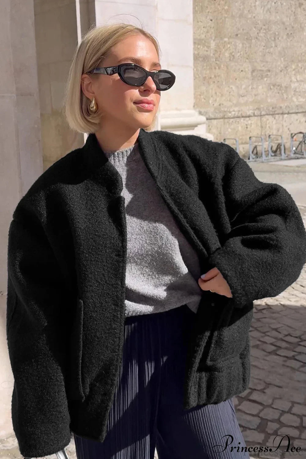 Loose Stand Collar Textured Wool Casual Coat image 1