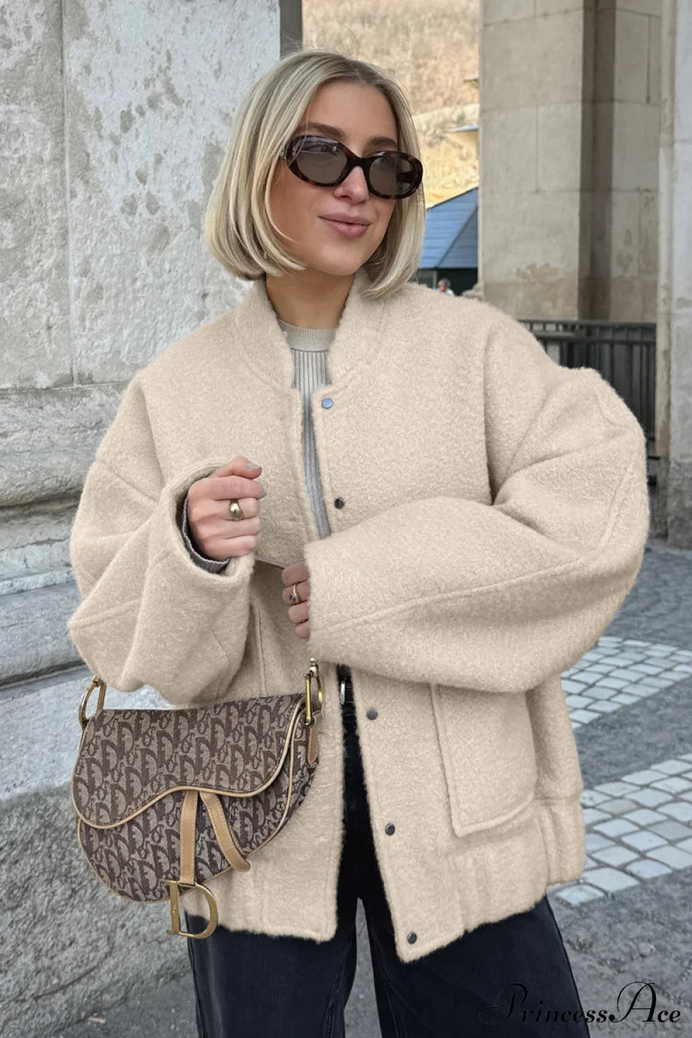 Loose Stand Collar Textured Wool Casual Coat image 4