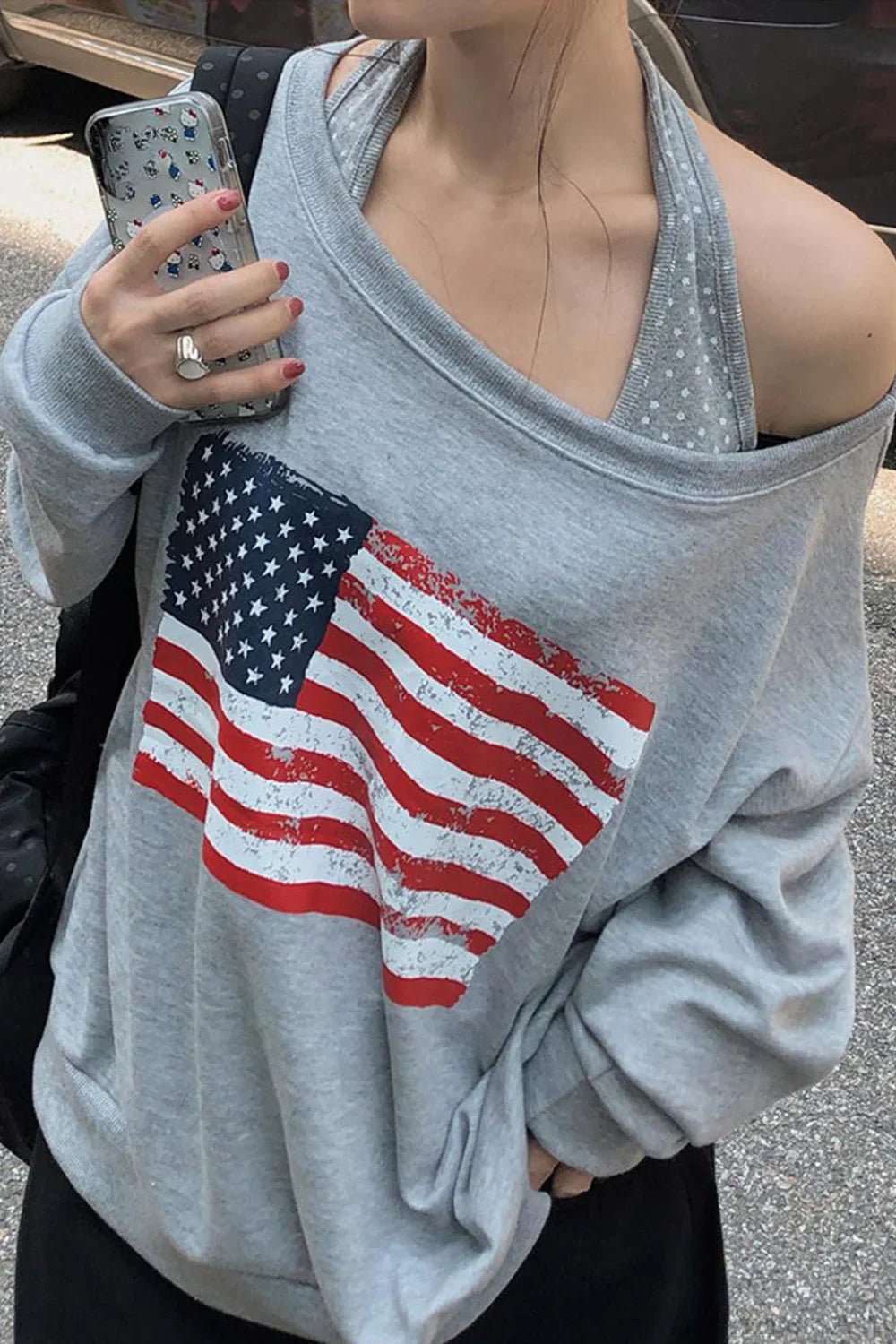 Loose Striped Print Halter Off Shoulder Fake Two Piece Sweatshirt image 2