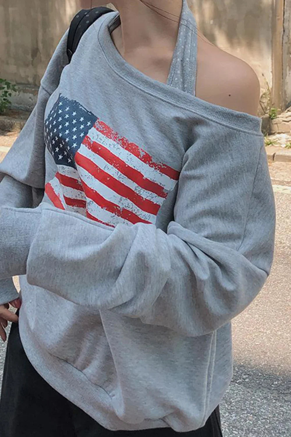Loose Striped Print Halter Off Shoulder Fake Two Piece Sweatshirt image 3