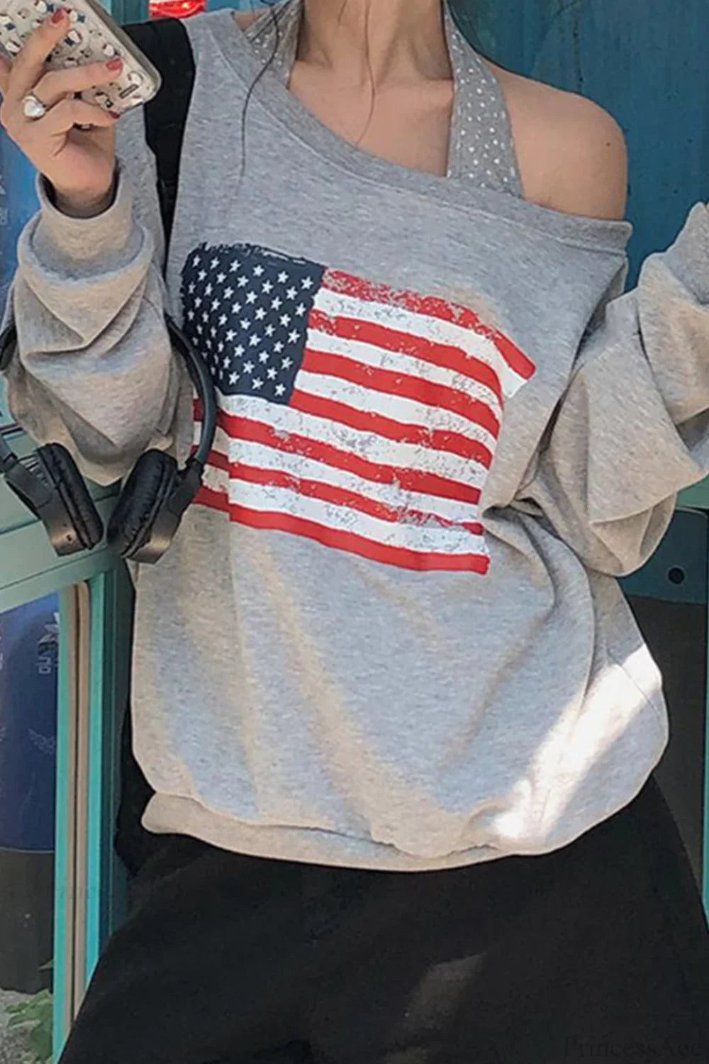 Loose Striped Print Halter Off Shoulder Fake Two Piece Sweatshirt image 1