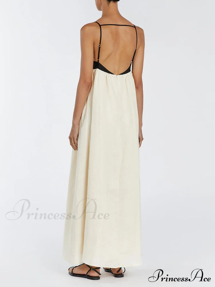 Loose Suspender Black And Graceful White Patchwork Maxi Dress image 3