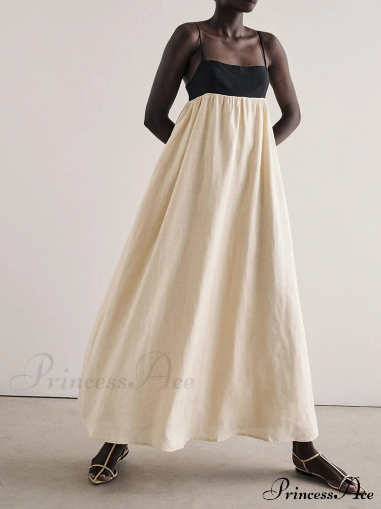 Loose Suspender Black And Graceful White Patchwork Maxi Dress image 4