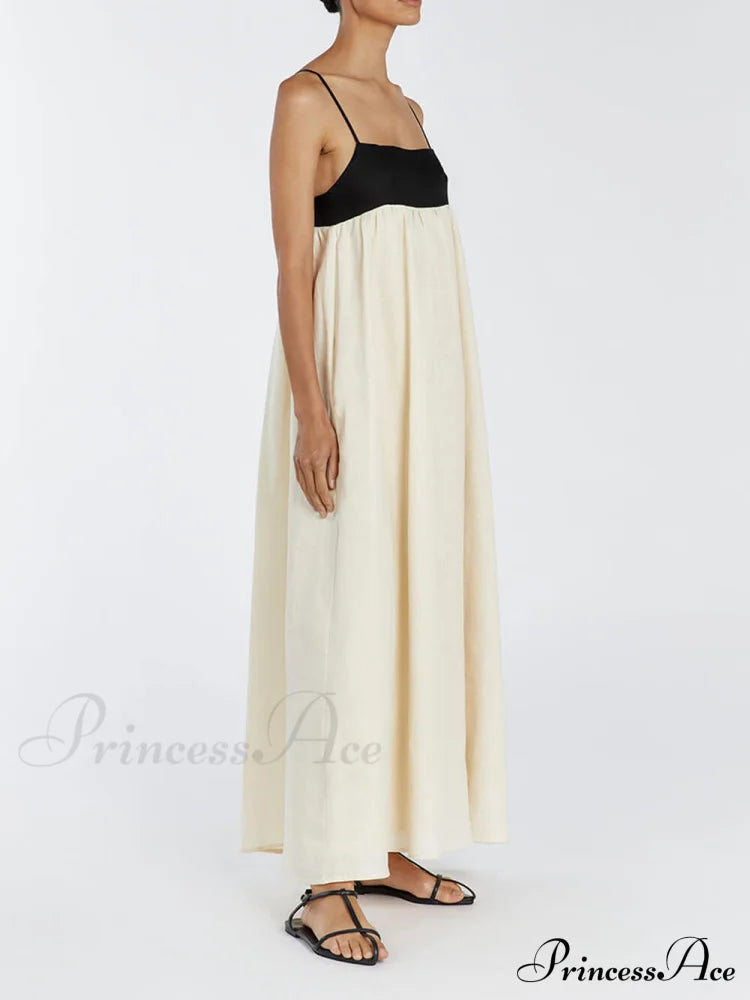 Loose Suspender Black And Graceful White Patchwork Maxi Dress image 2