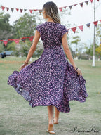 Lotus V-Neck Warm-Season Gown Coastal Low Sleeves Flowered High Straps Tank Foliage Dress image 5