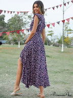 Lotus V-Neck Warm-Season Gown Coastal Low Sleeves Flowered High Straps Tank Foliage Dress image 6