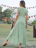 Lotus V-Neck Warm-Season Gown Coastal Low Sleeves Flowered High Straps Tank Foliage Dress image 3