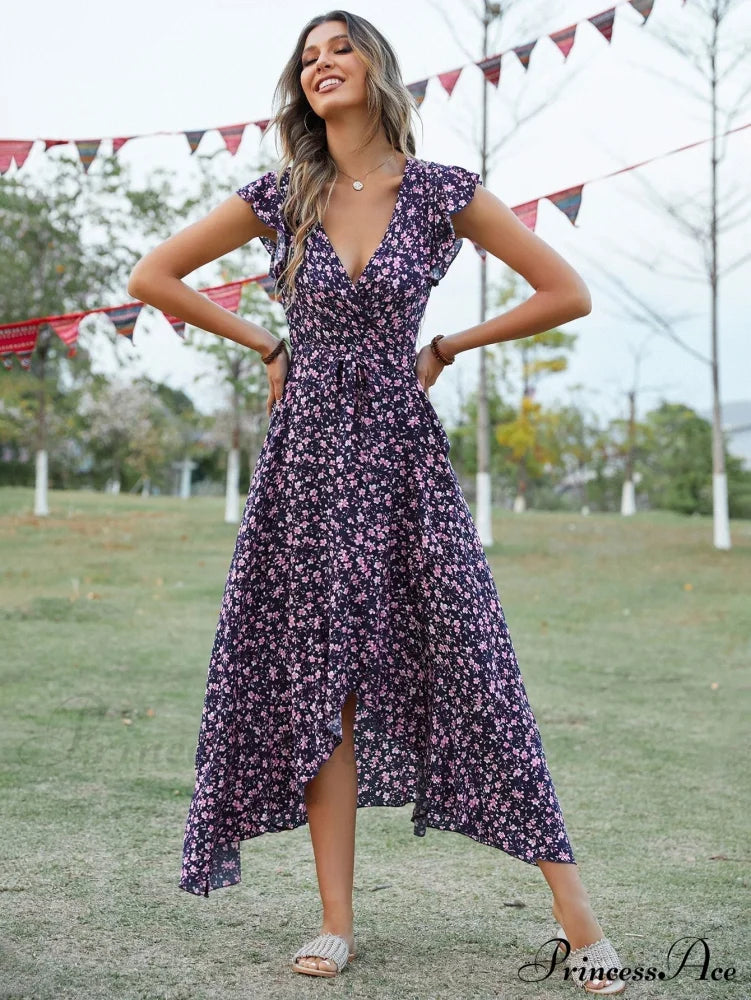 Lotus V-Neck Warm-Season Gown Coastal Low Sleeves Flowered High Straps Tank Foliage Dress image 4