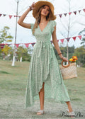 Lotus V-Neck Warm-Season Gown Coastal Low Sleeves Flowered High Straps Tank Foliage Dress image 1