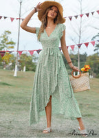 Lotus V-Neck Warm-Season Gown Coastal Low Sleeves Flowered High Straps Tank Foliage Dress image 1