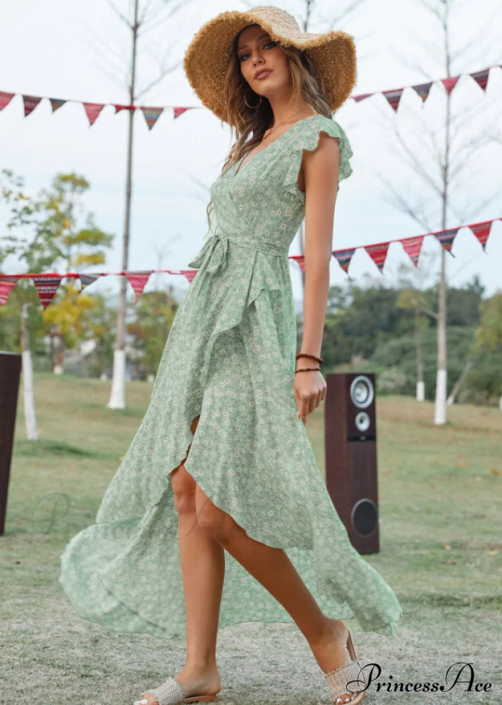 Lotus V-Neck Warm-Season Gown Coastal Low Sleeves Flowered High Straps Tank Foliage Dress image 2