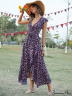 Lotus V-Neck Warm-Season Gown Coastal Low Sleeves Flowered High Straps Tank Foliage Dress image 7