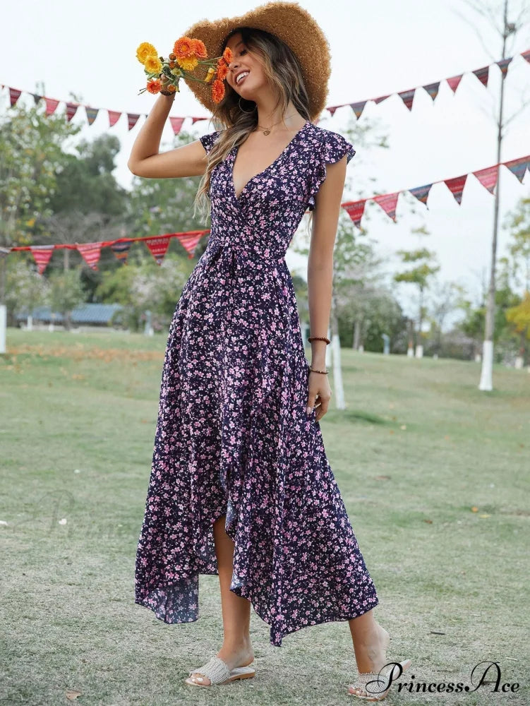 Lotus V-Neck Warm-Season Gown Coastal Low Sleeves Flowered High Straps Tank Foliage Dress image 7