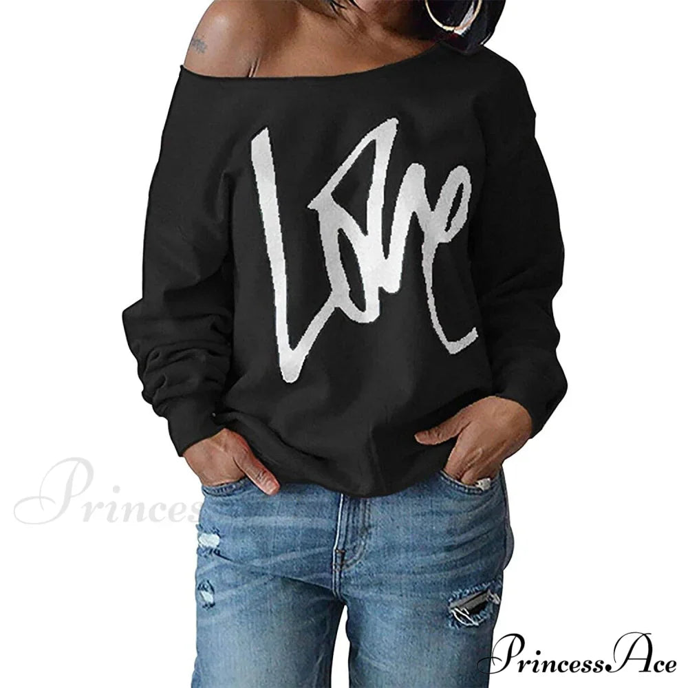 Love Tops Pullover for Patterned Off Slouchy Shoulder Sweatshirt Letter Women image 4