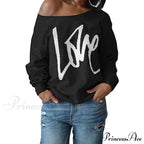 Love Tops Pullover for Patterned Off Slouchy Shoulder Sweatshirt Letter Women image 4