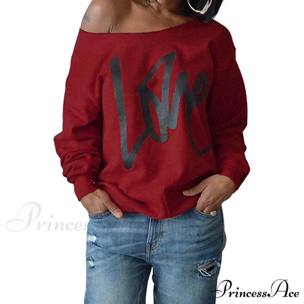 Love Tops Pullover for Patterned Off Slouchy Shoulder Sweatshirt Letter Women image 5